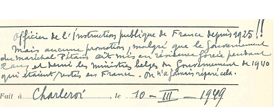 Matagnes annotatie op zijn biografische fiche uit 1949 over het gedwongen oorlogsverblijf in Frankijk