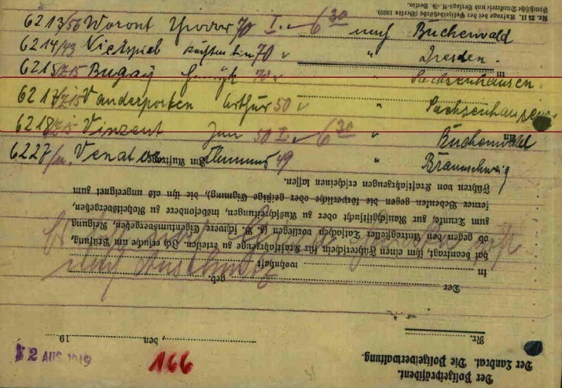 Namenlijst van gevangenen met vermelding van hun bestemming, 1943.
