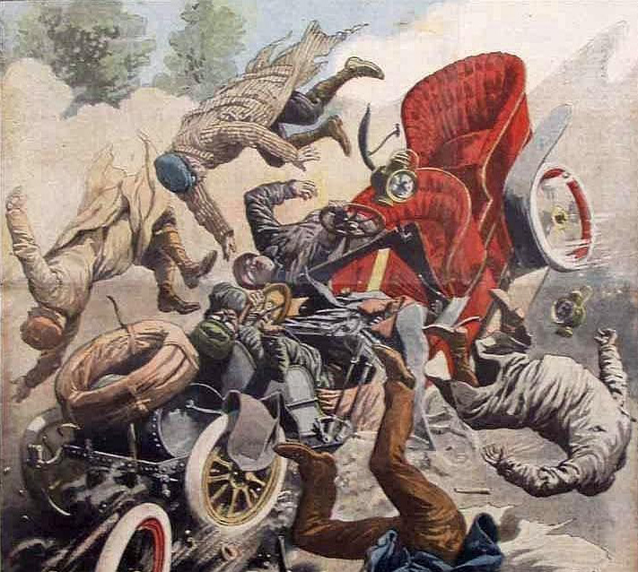 Illustratie van Eug�ne Chaperon van een auto-ongeval, verschenen in le Petit Journal