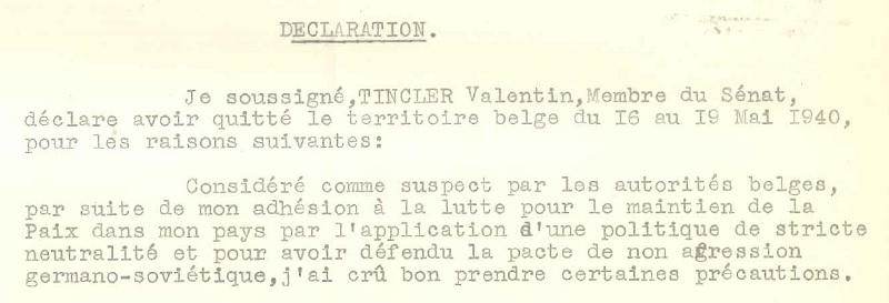 Uittreksel uit de verklaring van Valentin Tincler over zijn vlucht uit Belgi� in mei 1940