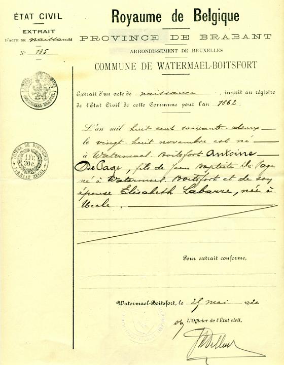 Uittreksel uit de geboorte-akte van Antoine Depage