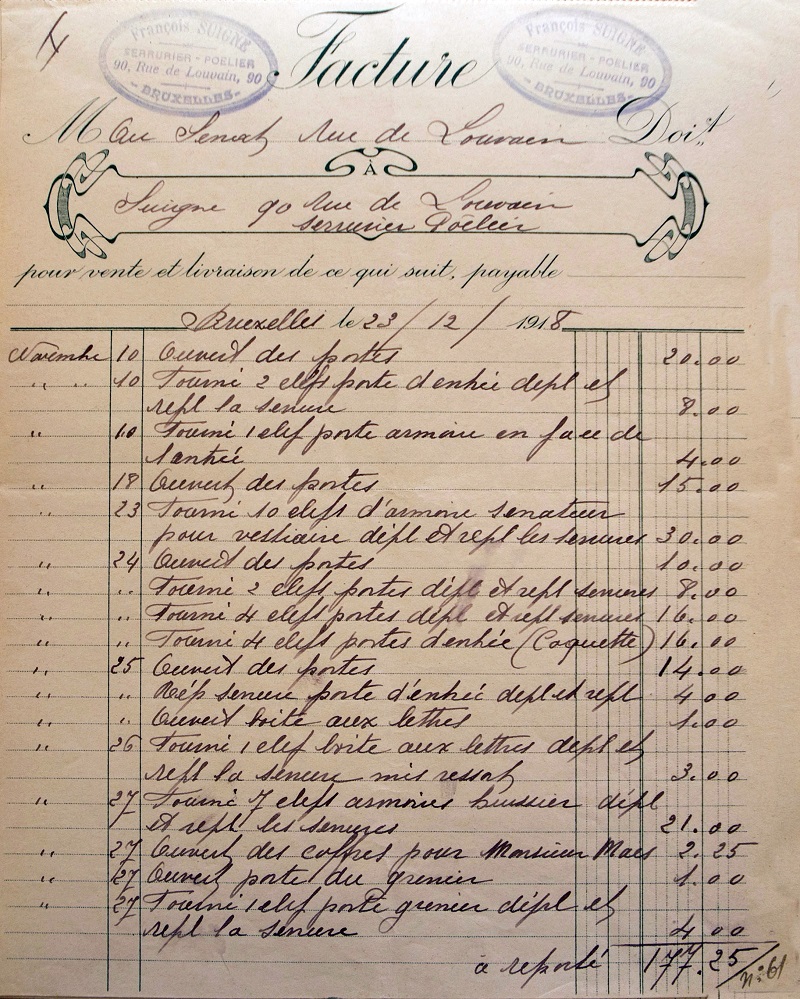 Eerste van een hele reeks facturen van slotenmaker Suigne aan de Senaat na de bevrijding