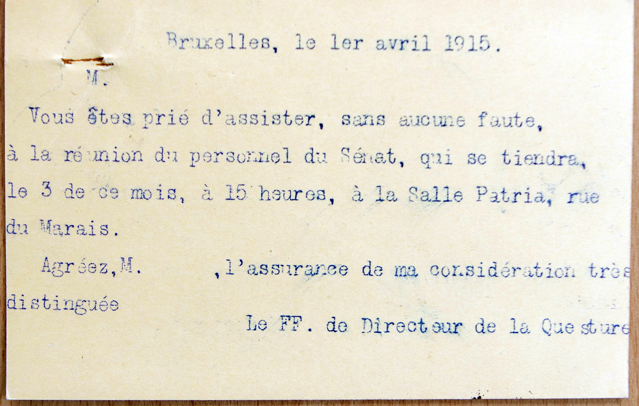 Convocation de Gaston Pulings � la r�union du personnel du 3 avril 1915