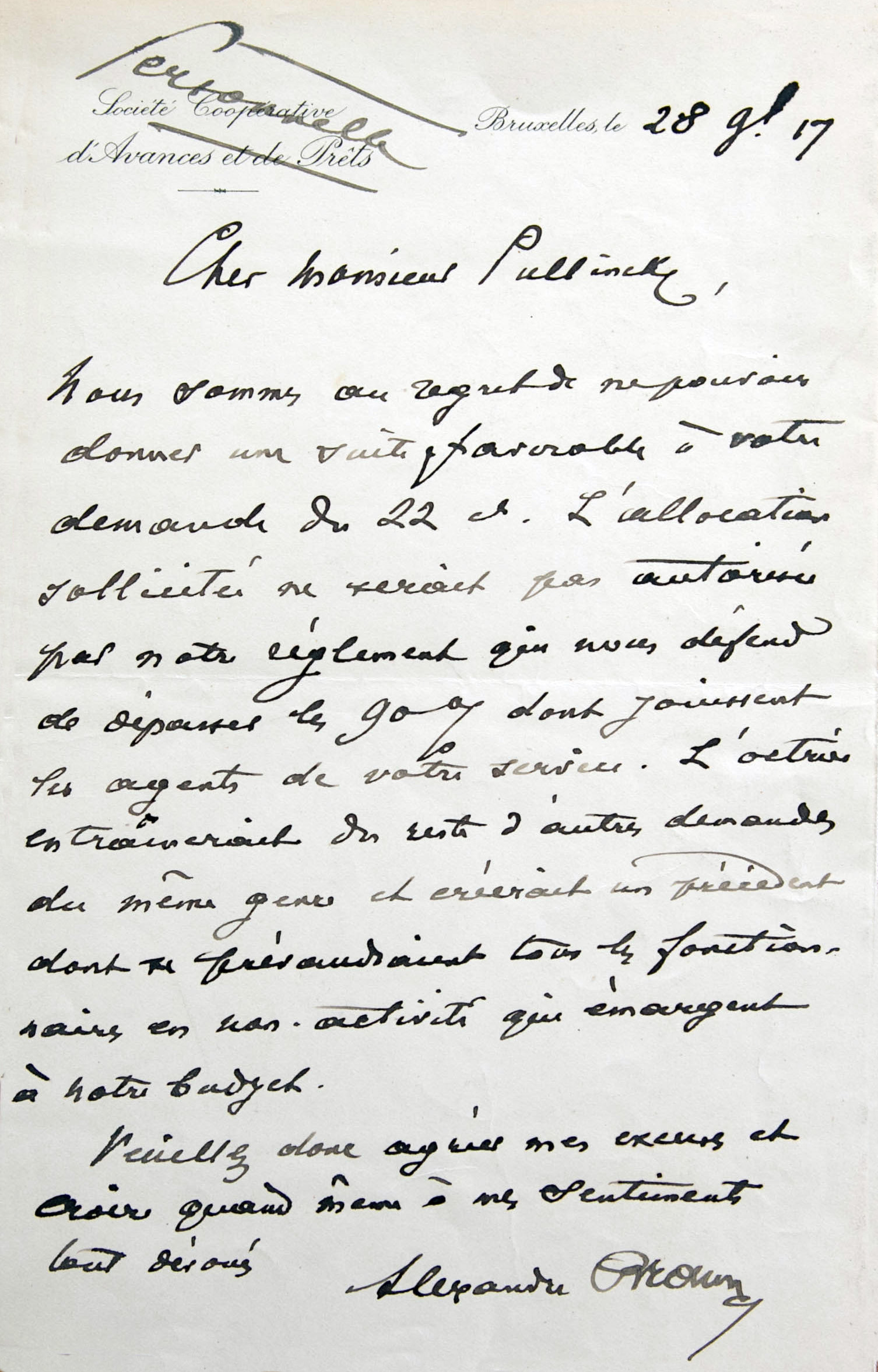 Lettre du s�nateur Alexandre Braun � Gaston Pulings, 28 novembre 1917