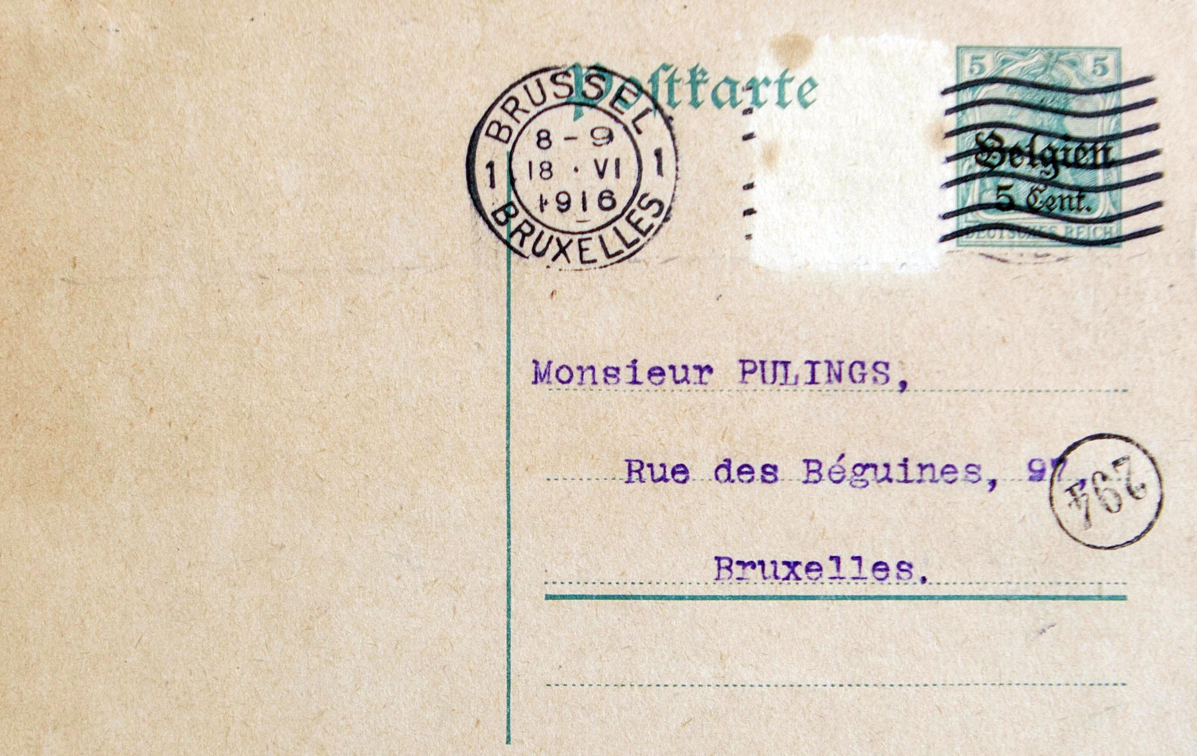 Carte postale de Fran�ois Livrauw, secr�taire du Service de st�nographie de la Chambre des repr�sentants, � Gaston Pulings, 17 juin 1916