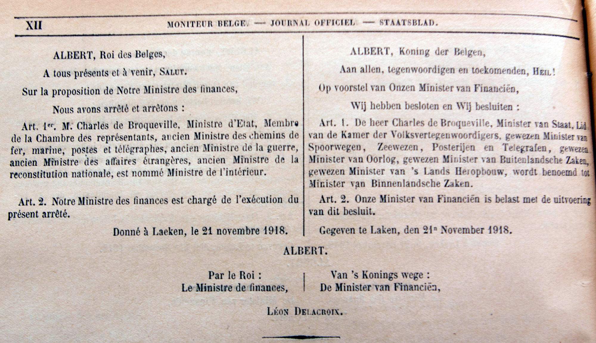 Publication au Moniteur belge du 21 novembre  1918 de la nomination de Charles de Broqueville comme Ministre de l'Int�rieur