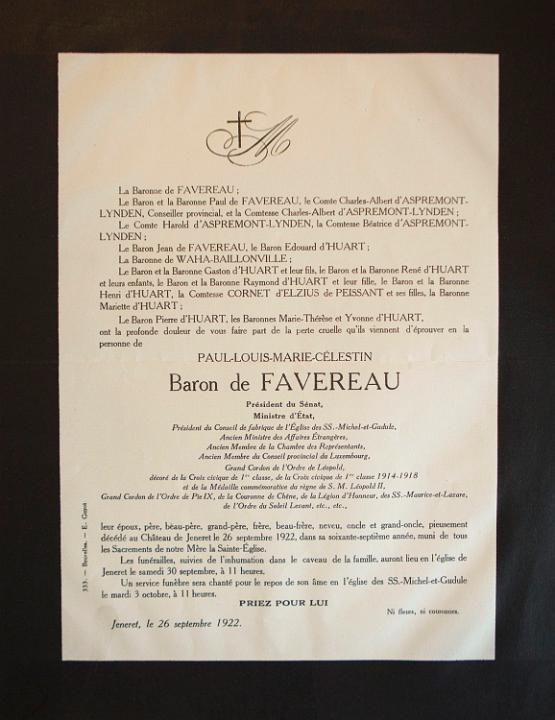 Faire-part de d�c�s du Paul Baron de Favereau
