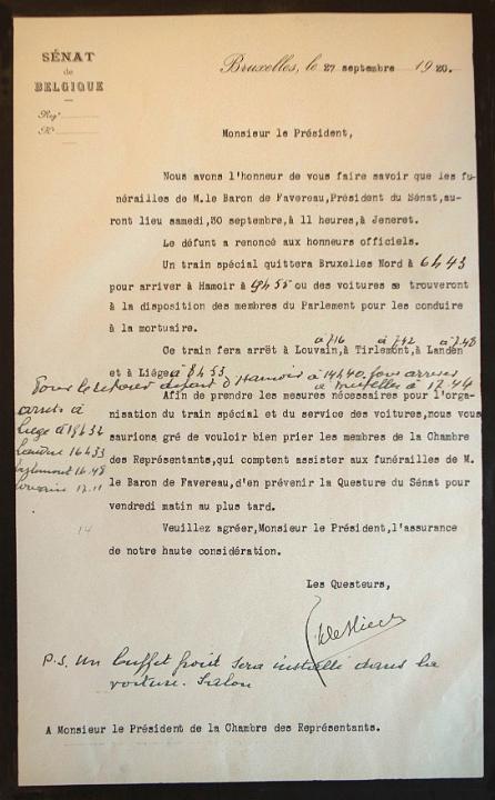 Lettre contenant l'information sur les arr�ts et les horaires du train � Hamoir
