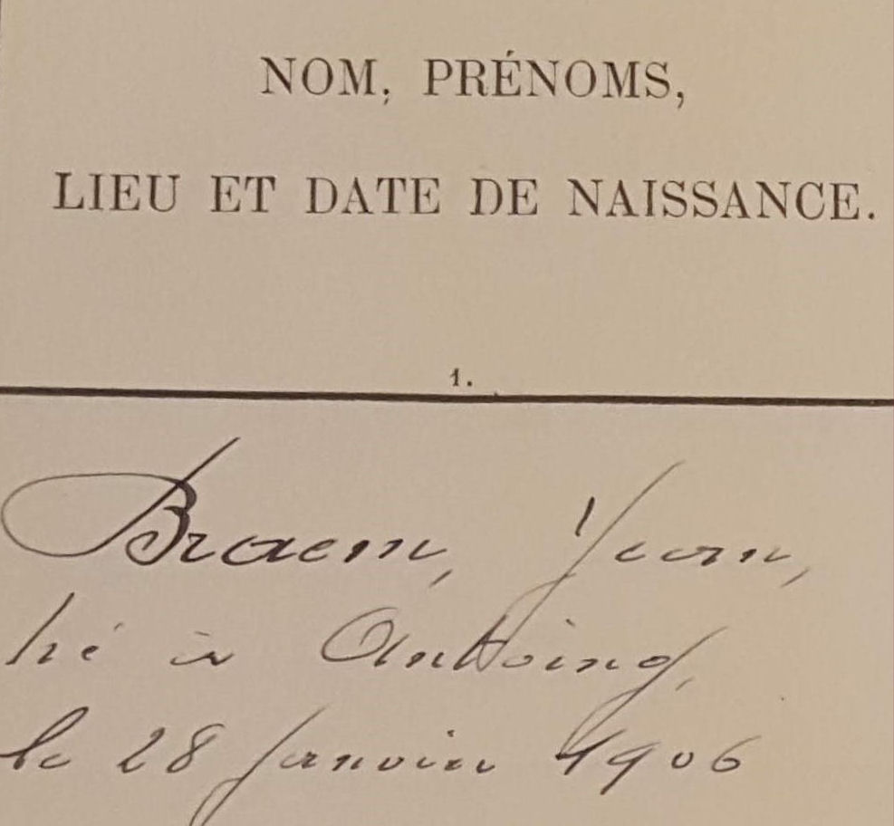 Jean Braem, inscription dans le registre du personnel du S�nat